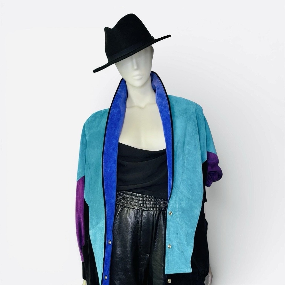 Rare Vintage Mary Hoffman Black, Teal, Purple Suede Color Block Suede Jacket M - Picture 3 of 11